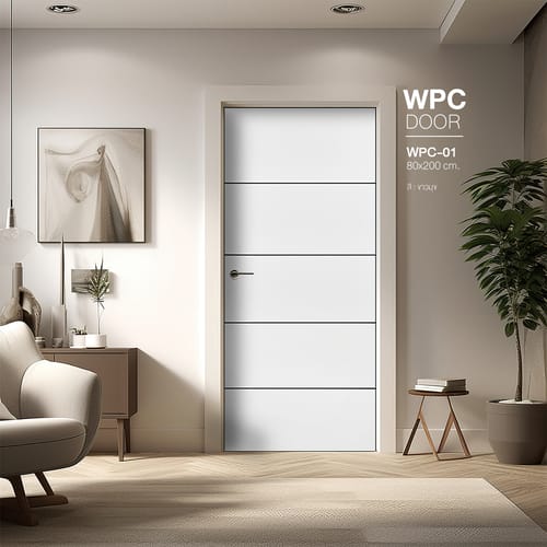 WELLINGTAN ประตู WPC รุ่น WPC-01 (สำหรับใช้ภายใน) บานทึบเซาะร่องดำ ขนาด 80x200 ซม. สีขาวมุข (ไม่เจาะลูกบิด)