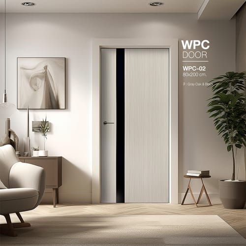 WELLINGTAN ประตู WPC รุ่น WPC-02 (สำหรับใช้ภายใน) บานทึบ ขนาด 80x200 ซม. สีGray Oak & Black (ไม่เจาะลูกบิด)