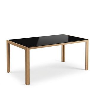 Delicato โต๊ะอาหารท็อปกระจกนิรภัย 90x150x75ซม. หนา 8 มม.  รุ่น Hunny-BK ท็อปดำ ขาไม้